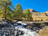 A stream meanders between pebbles and rocks beside a dirt path, surrounded by conifers and vegetation. Mountains with sparse summer vegetation rise in the background.