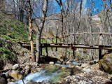 A wooden footbridge in the middle of a forest in winter, passing over a stream winding between pebbles and rocks.