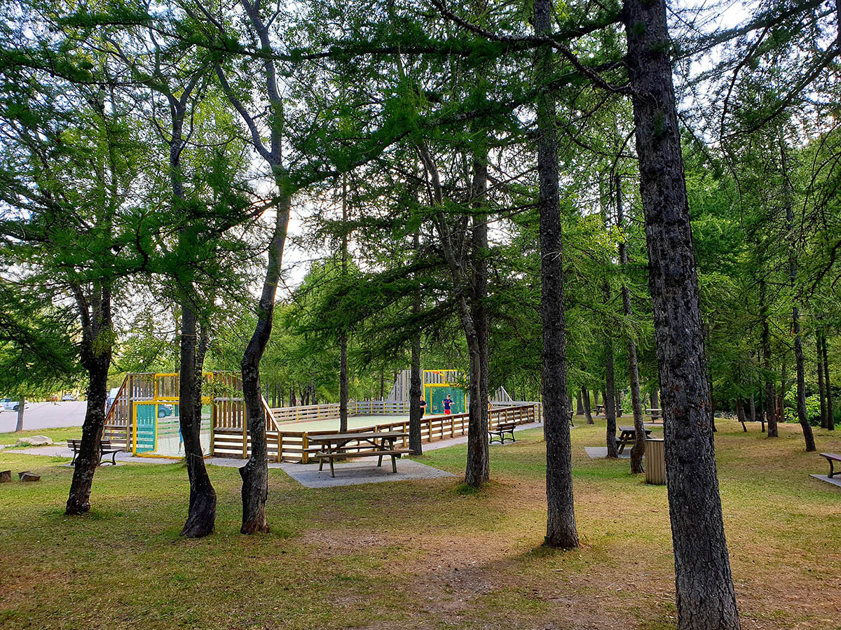 City stadium in the middle of a wooded area, enclosed football and basketball court