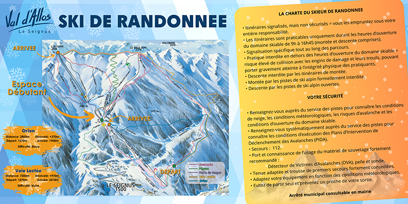 Charte du skieur de randonnée à Val d'Allos - le Seignus, explications avec plans des différents itinéraires et des règles à respecter - © Mairie d'Allos Charte du skieur de randonnée à Val d'Allos - le Seignus, explications avec plans des différents itinéraires et des règles à respecter
