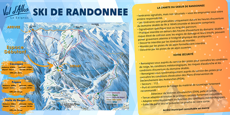 Charte du skieur de randonnée à Val d'Allos - le Seignus, explications avec plans des différents itinéraires et des règles à respecter - © Mairie d'Allos Charte du skieur de randonnée à Val d'Allos - le Seignus, explications avec plans des différents itinéraires et des règles à respecter