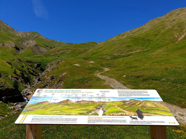 Vue de la randonnée de la Boucle de la Marmotte, panneau introductif permettant de repérer les sommets environnants, montagnes en arrière-plan