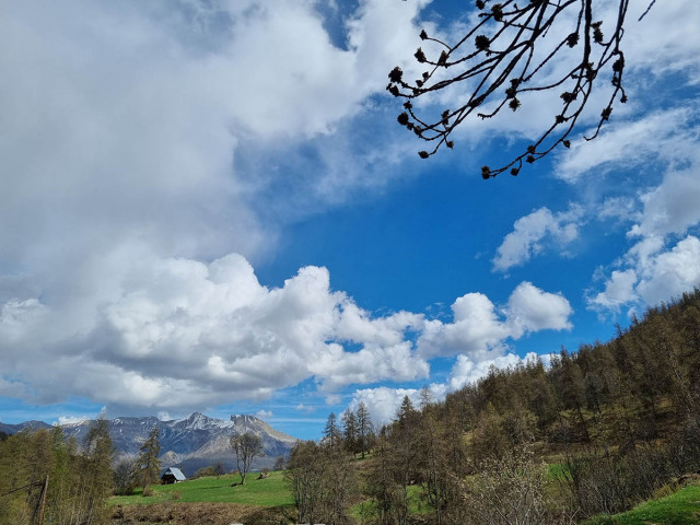 Panoramic view of the small hamlet of Prémin, situated on the side of a wooded mountain. Mountains in the background.