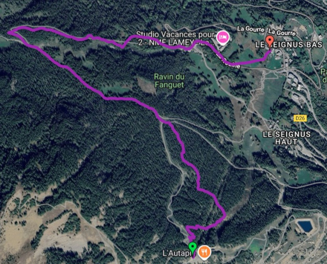 Snowshoe route map on Google Maps: starting from L'Autapie, ending at Le Seignus Bas - © Commune d'Allos Snowshoe route map on Google Maps: starting from L'Autapie, ending at Le Seignus Bas