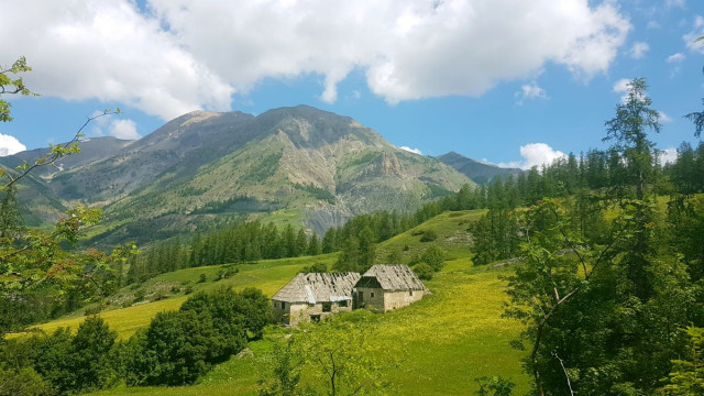 Stone buildings along the Vacheresse Forest trail. A rolling landscape on the edge of the forest, with spring vegetation