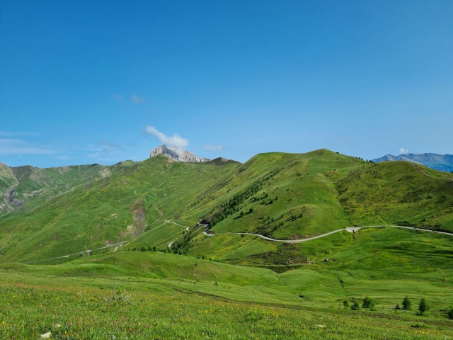 The Col d'Allos road in summer: a winding mountain road through beautiful natural surroundings, with summer vegetation