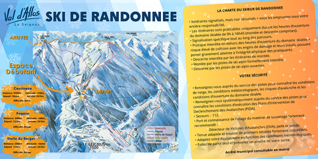 Charte du skieur de randonnée à Val d'Allos - le Seignus, explications avec plans des différents itinéraires et des règles à respecter