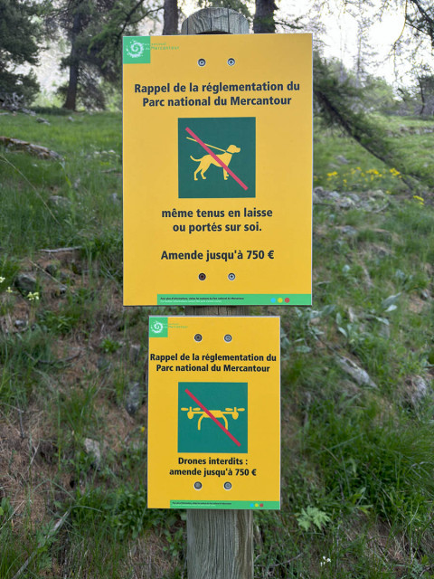 Panneau rappelant la réglementation du Parc National du Mercantour, icônes de chien et de drones, étant tous les deux interdits et sujets à une amende