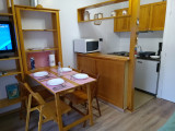 All-in-one living space with dining table, kitchenette, bar, electric hob, and wooden furniture