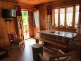 Chalet living room with dining table, TV, armchair, door to terrace, window