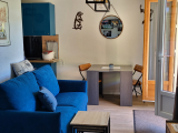 Overview of the bright studio, with a sofa bed, kitchenette.