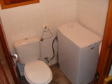 Coin de salle de bains avec toilettes et machine à laver, mur et sol carrelés