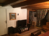 Living room with sofa, armchair, TV, rug, window