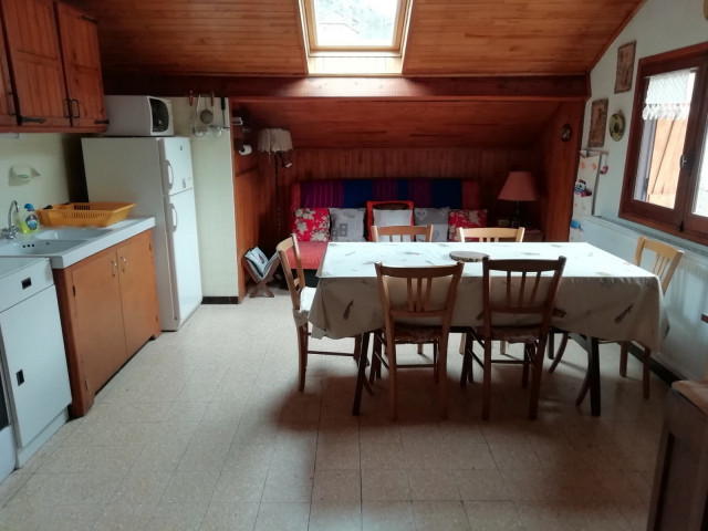 living room with kitchen, bright (window and skylight)