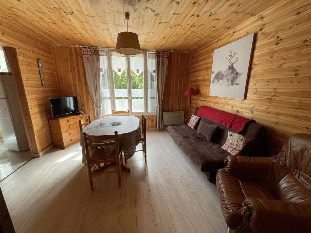 Bright living room with sofa, armchair, TV, dining table, wooden furniture, parquet flooring, window