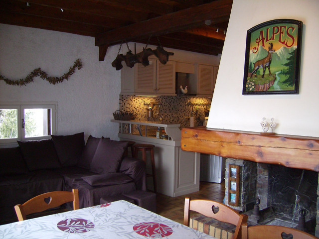 living room with kitchen, sofa, chimney and windows - © M Barral living room with kitchen, sofa, chimney and windows