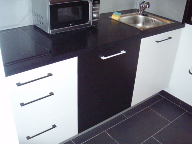 Modern kitchenette with electric hobs and microwave