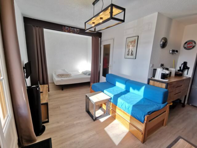 Overview of the bright studio, with a sofa bed, kitchenette, and a bedroom separated by curtains and featuring a double bed.