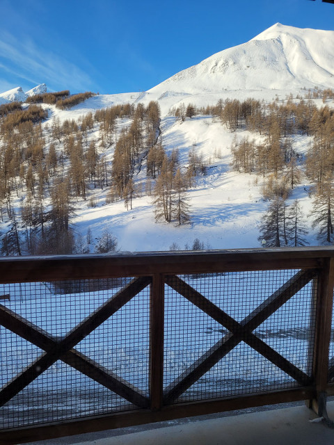 Vue des arbres et de la montagnes enneigée depuis le balcon en hiver Vue des arbres et de la montagnes enneigée depuis le balcon en hiver