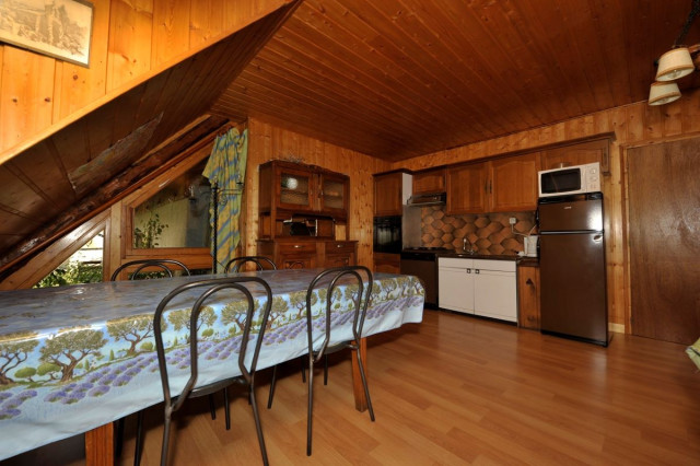 Fully equipped apartment living room, large dining table, kitchen, wooden furniture