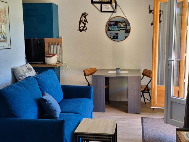 Overview of the bright studio, with a sofa bed, kitchenette.