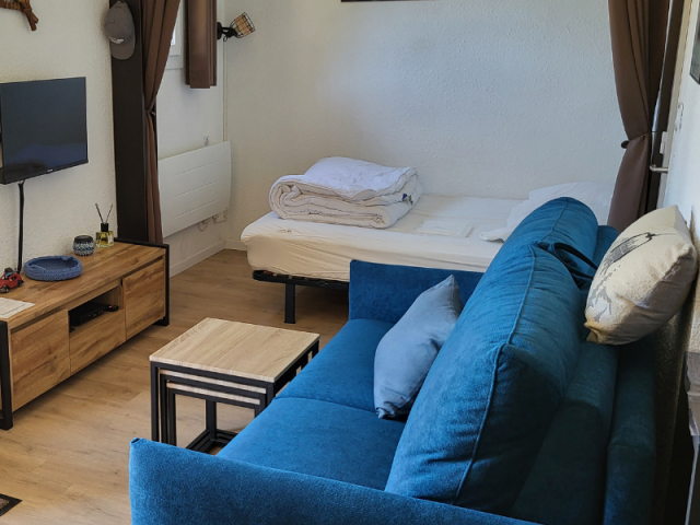 Living area with sofa bed, coffee table and TV, separated by curtains from the bedroom with double bed