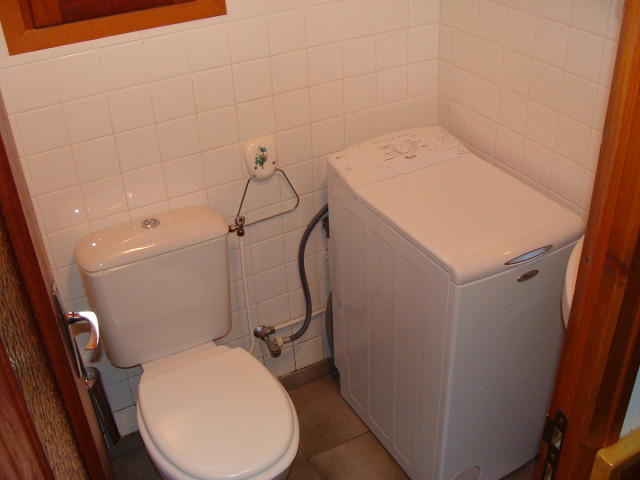 Coin de salle de bains avec toilettes et machine à laver, mur et sol carrelés - © M Dubois - Sicard Coin de salle de bains avec toilettes et machine à laver, mur et sol carrelés